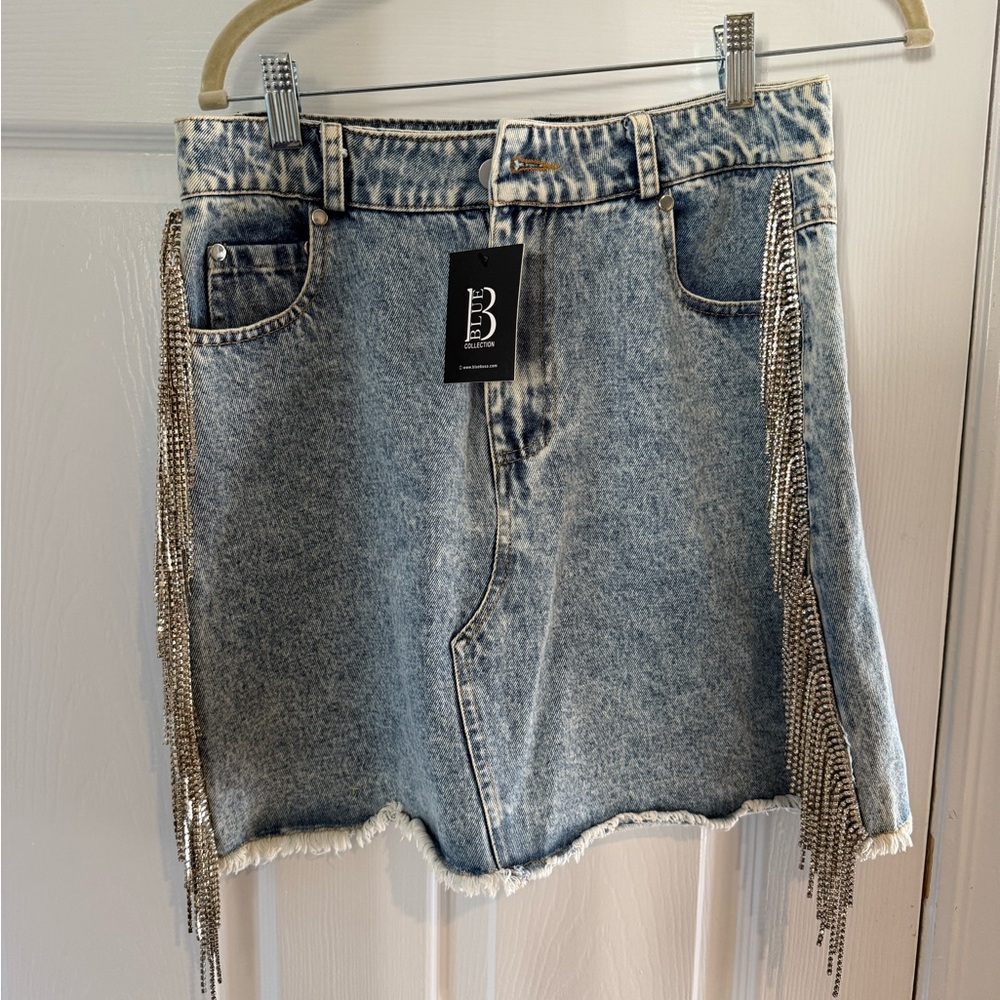 NWT Denim Miniskirt with Sequin Fringe